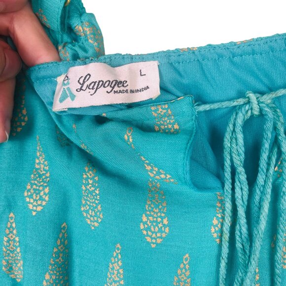 NWT Lapogee Bohemian Dress SZ Large Teal Gold Indian Off Shoulder Boho Tassel - Picture 5 of 7